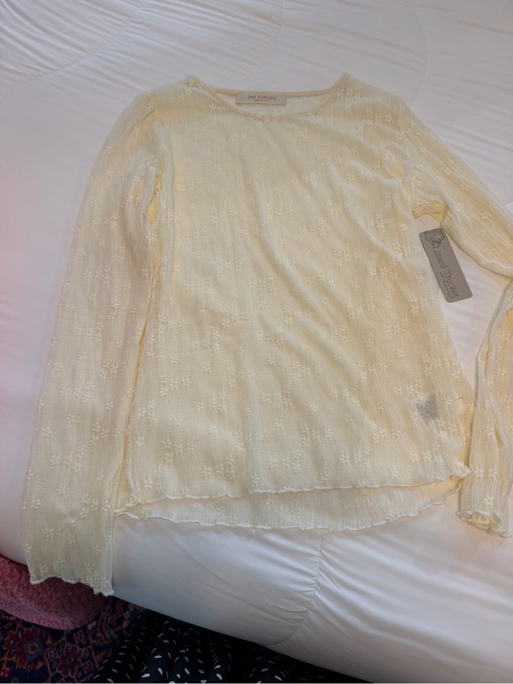 Lace-Textured Long Sleeve Top - Cream